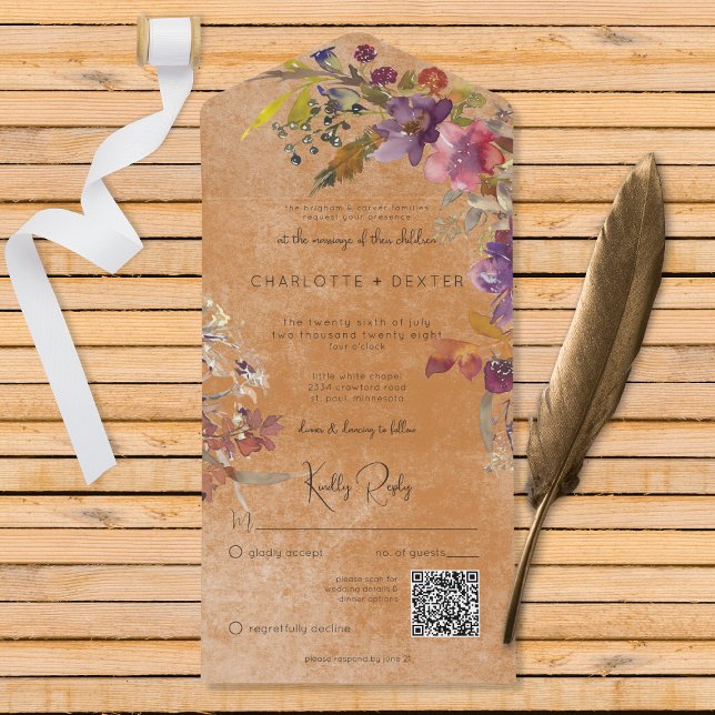 Rustic Boho Jewel Tone Rust Florals QR Code  All In One Invitation (Also available without a QR code; with or without dinner selection options.)