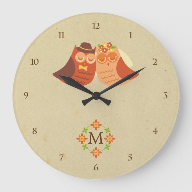 Rustic Boho Lovebird Owl Couple Large Clock (Front)