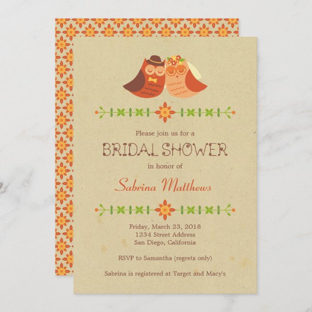 Rustic Boho Lovebird Owl Couple Wedding Invitation (Front/Back)