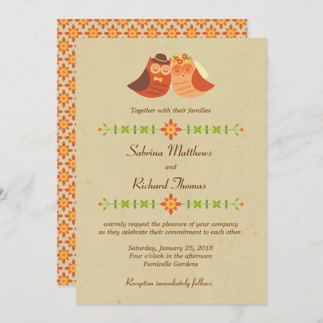 Rustic Boho Lovebird Owl Couple Wedding Invitation (Front/Back)