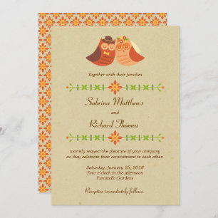 Rustic Boho Lovebird Owl Couple Wedding Invitation