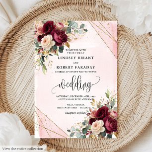 Rustic Boho Maroon Gold Blush Roses Wedding Invite
