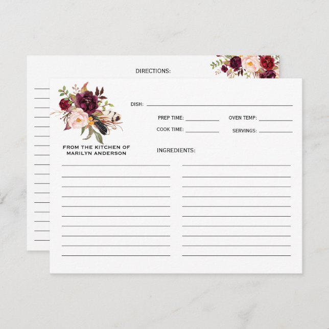 Rustic Boho Marsala Burgundy Floral Recipe Cards (Front/Back)