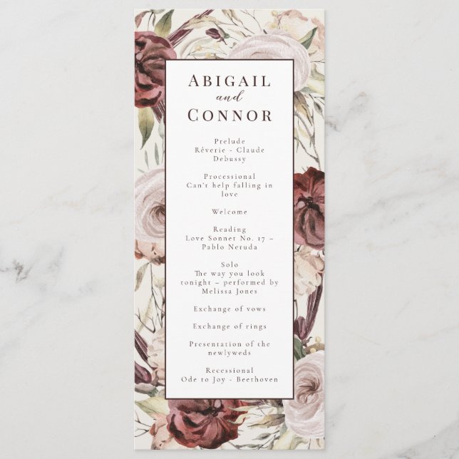 Rustic Boho Marsala Cream Floral Program (Front)