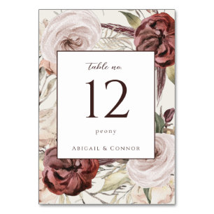 Rustic Boho Marsala Cream Floral Table Number