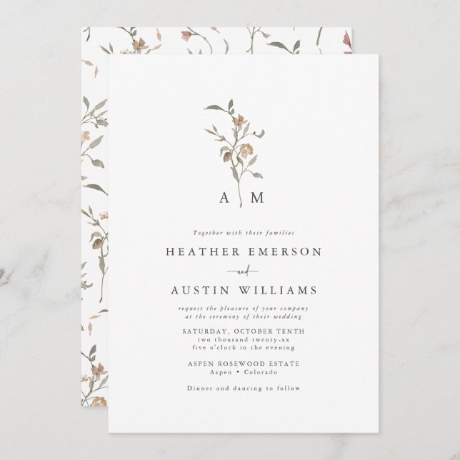 Rustic Boho Monogram Wedding Invitation (Front/Back)