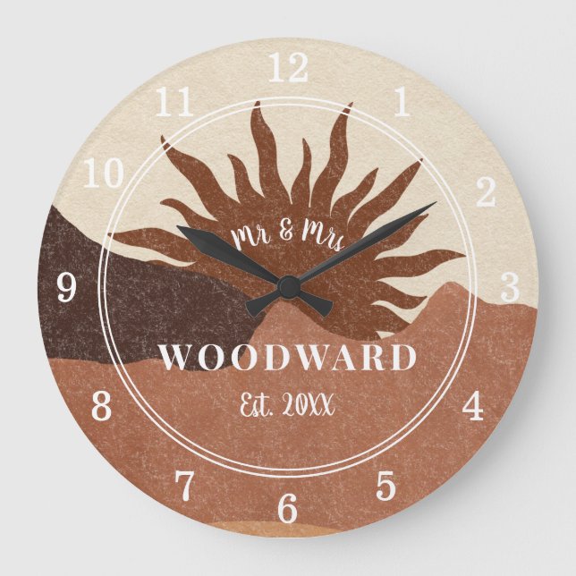 Rustic Boho Monogrammed Wedding Newlywed Large Clock (Front)
