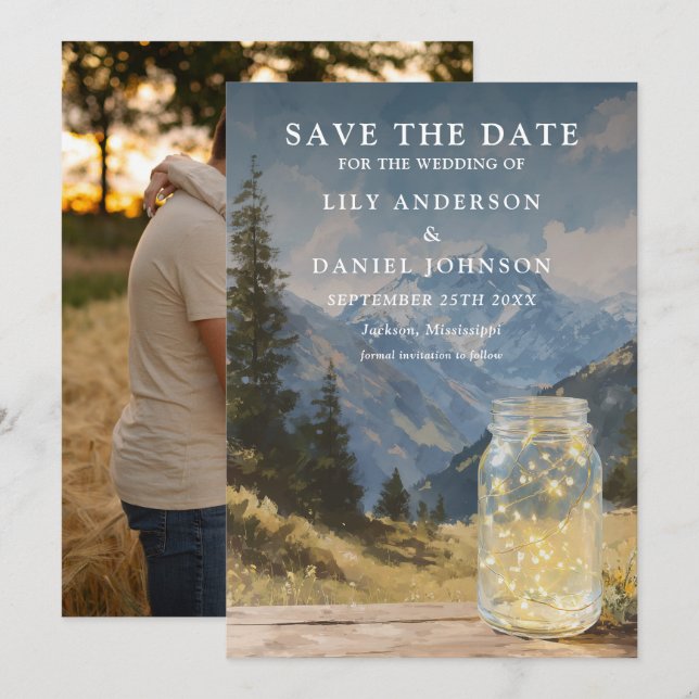 Rustic Boho Mountain Mason Jar Photo Wedding Save The Date (Front/Back)