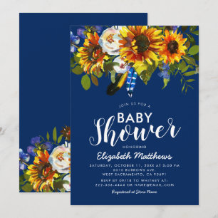 Rustic Boho Navy Blue Sunflower Baby Shower Invitation