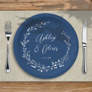 Rustic Boho Navy Blue Wildflower Floral Wedding Paper Plate