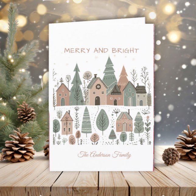 Rustic Boho Neutral Earth Tone Minimalist Village Holiday Card (Scandinavian village folded Christmas greeting card)