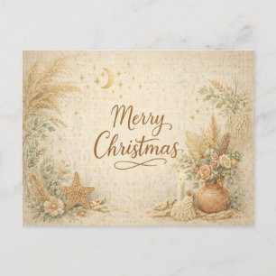 Rustic Boho Neutral Floral Merry Christmas Holiday Postcard