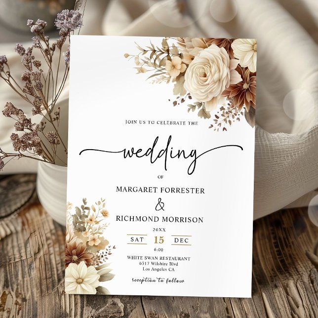 Rustic Boho Neutral Watercolor Floral Wedding Invitation (Creator Uploaded)