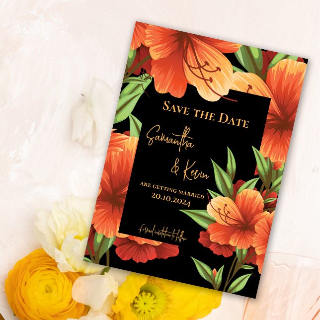 Rustic Boho Orange Floral Wedding Save the Date (Pretty Orange Floral Wedding Save The Date Invitation)