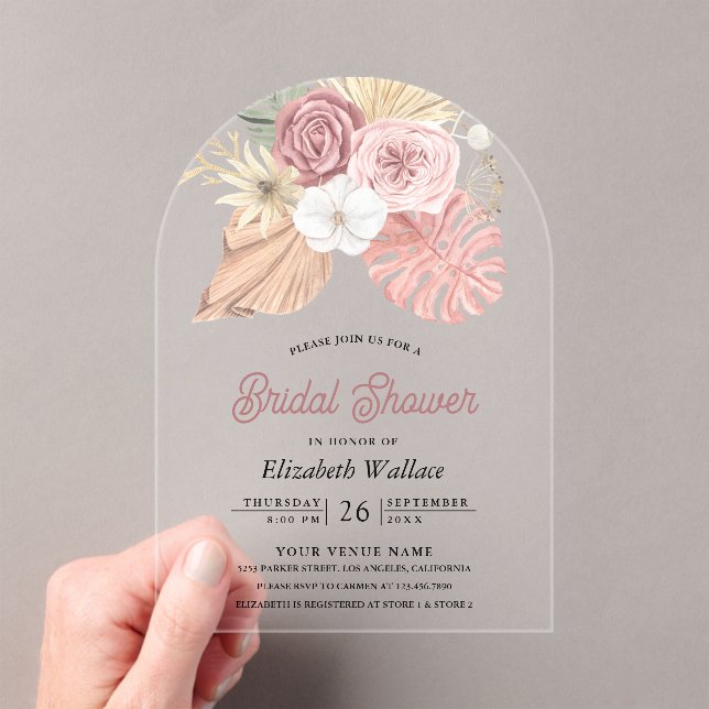 Rustic Boho Palm Dusty Pink Roses Bridal Shower Acrylic Invitations (Insitu (Handheld))