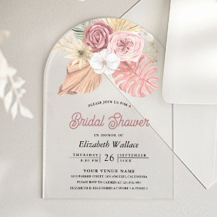 Rustic Boho Palm Dusty Pink Roses Bridal Shower Acrylic Invitations