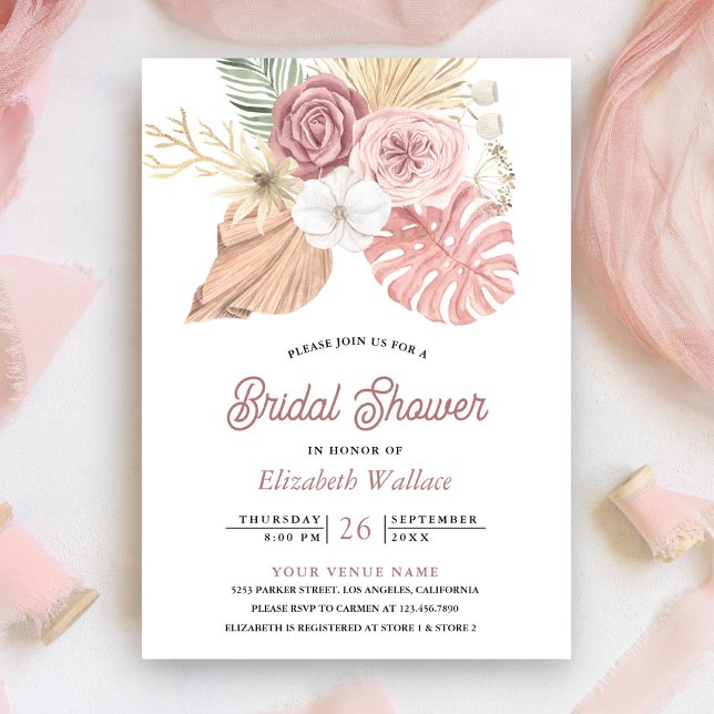 Rustic Boho Palm Dusty Pink Roses Bridal Shower Invitation (Creator Uploaded)