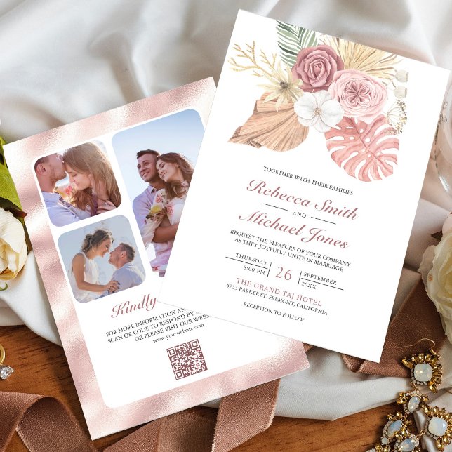 Rustic Boho Palm Dusty Pink Roses QR Code Wedding Invitation (Creator Uploaded)