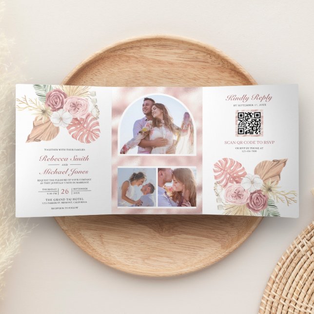 Rustic Boho Palm Dusty Pink Roses QR Code Wedding Tri-Fold Invitation (Creator Uploaded)