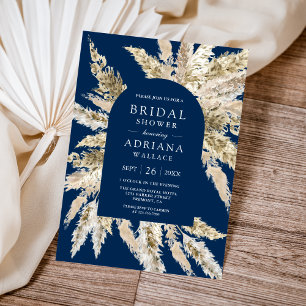Rustic Boho Pampas Arch Navy Blue Bridal Shower Invitation
