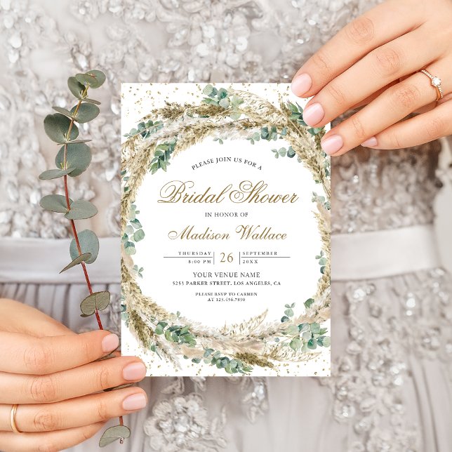 Rustic Boho Pampas Eucalyptus Wreath Bridal Shower Invitation (Creator Uploaded)