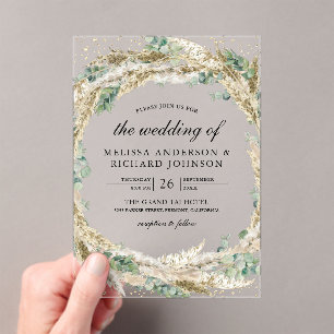 Rustic Boho Pampas Eucalyptus Wreath Wedding Acrylic Invitations