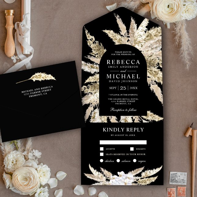 Rustic Boho Pampas Grass Black Arch Wedding All In One Invitation (Creator Uploaded)