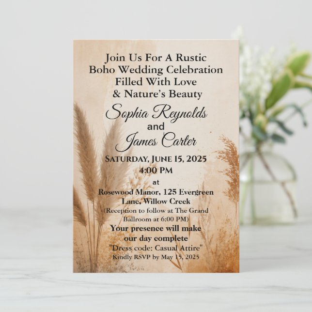 Rustic Boho | Pampas Grass Earthy Tones  Wedding Invitation (Standing Front)