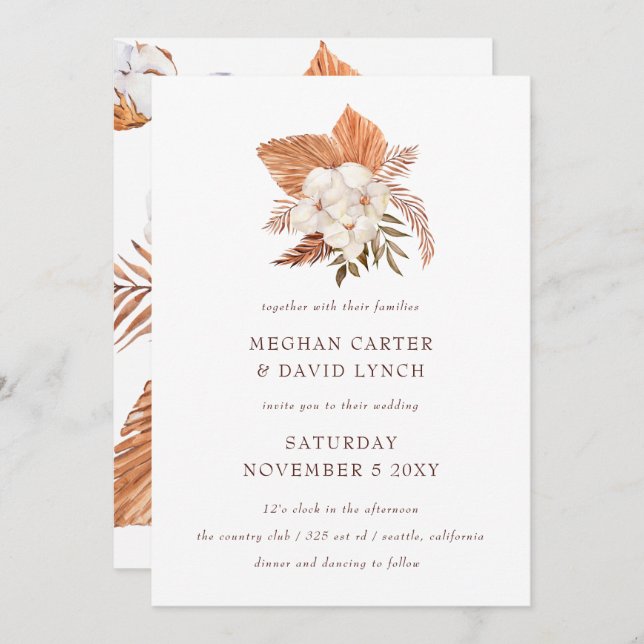 Rustic Boho pampas Grass Floral Desert Wedding Invitation (Front/Back)