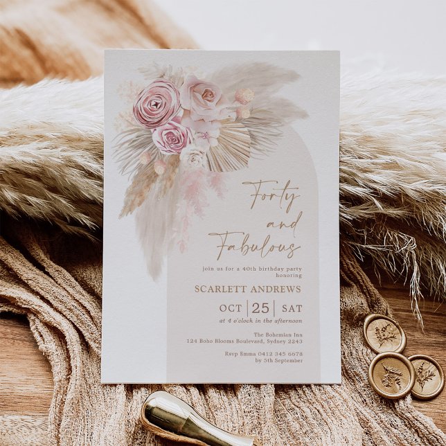Rustic Boho Pampas Grass Flower 40th Birthday Invitation (Creator Uploaded)