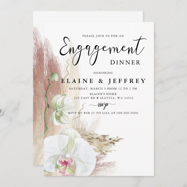 Rustic Boho Pampas Grass Orchid Engagement Party  Invitation (Front/Back)
