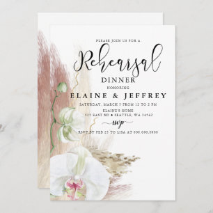 Rustic Boho Pampas Grass Orchid Rehearsal Dinner  Invitation