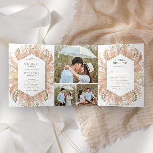 Rustic Boho Pampas Grass Photo Collage Wedding Tri-Fold Invitation