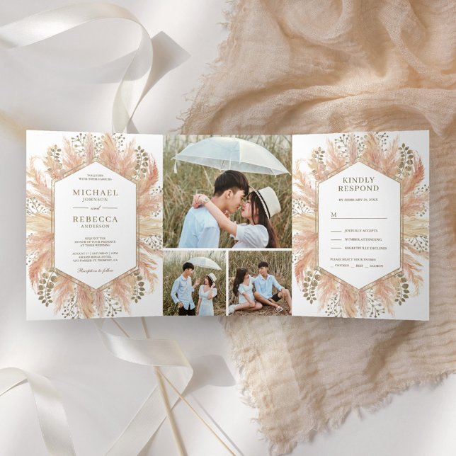 Rustic Boho Pampas Grass Photo Collage Wedding Tri-Fold Invitation (Creator Uploaded)