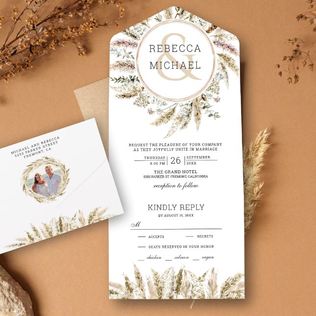 Rustic Boho Pampas Grass Wreath Ampersand Wedding All In One Invitation (Creator Uploaded)