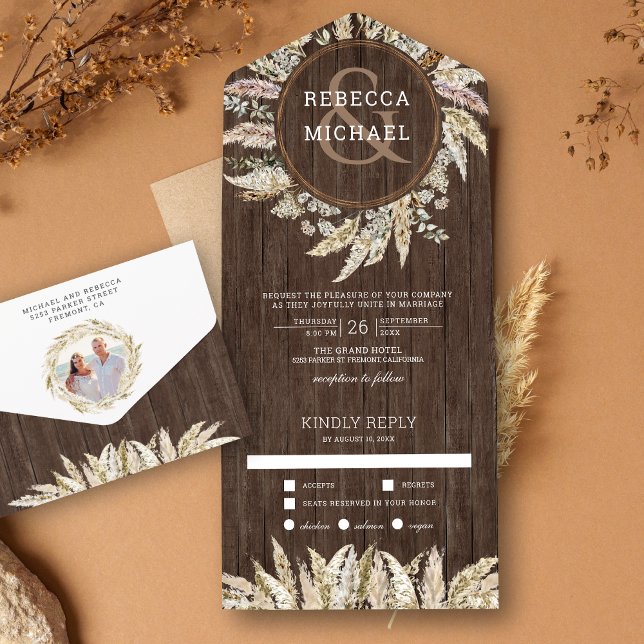 Rustic Boho Pampas Grass Wreath Barn Wood Wedding All In One Invitation (Creator Uploaded)