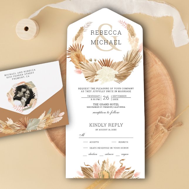 Rustic Boho Pampas Grass Wreath Dried Palm Wedding All In One Invitation (Creator Uploaded)