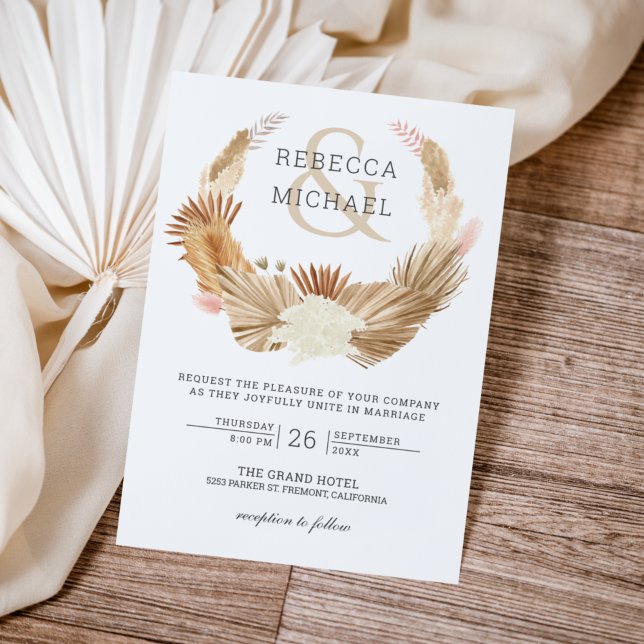 Rustic Boho Pampas Grass Wreath Dried Palm Wedding Invitation (Creator Uploaded)