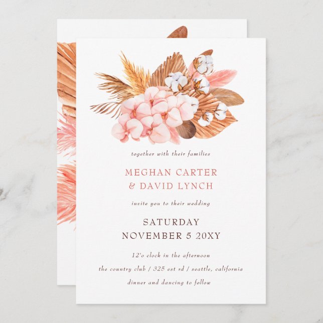 Rustic Boho Pampas Orchids Cotton Blush Wedding Invitation (Front/Back)