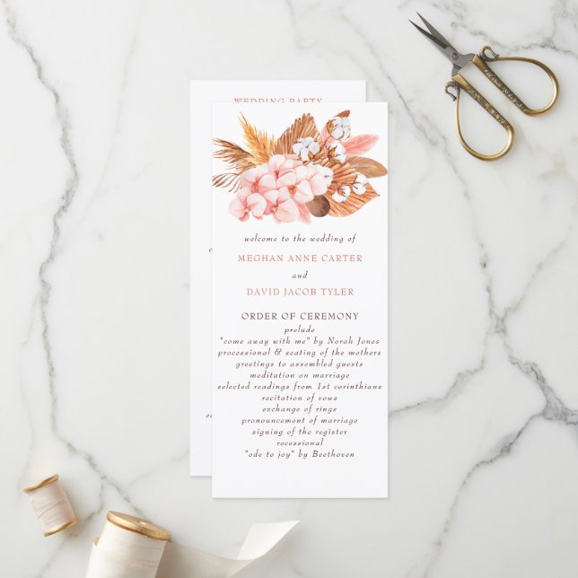 Rustic Boho Pampas Orchids Cotton Blush Wedding Program (Front/Back In Situ)