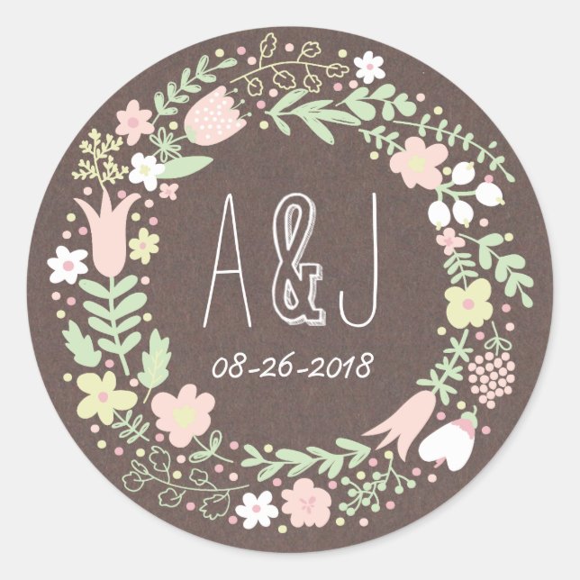 Rustic Boho Pastel Flower Wreath Wedding Classic Round Sticker (Front)