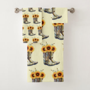 Rustic Boho Pattern - Cowboy Boots with Sunflowers Bath Towel Set