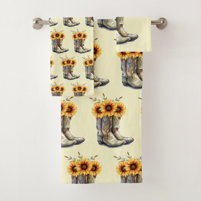 Rustic Boho Pattern - Cowboy Boots with Sunflowers Bath Towel Set (Insitu)