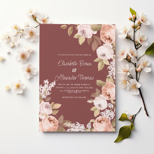 Rustic boho pink burgundy green floral wedding  invitation