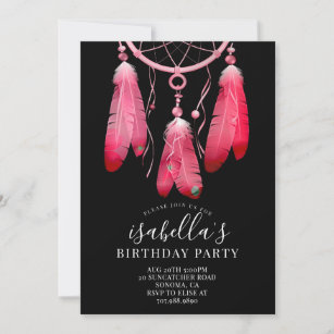 Rustic Boho Pink Dream Catcher Black Birthday Invitation