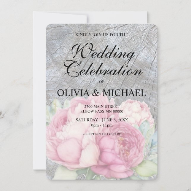 Rustic boho pink floral chic Wedding Invitation (Front)