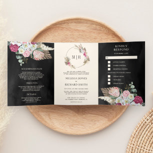 Rustic Boho Pink Floral Pampas Black Wedding Tri-Fold Invitation