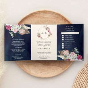 Rustic Boho Pink Floral Pampas Navy Blue Wedding Tri-Fold Invitation