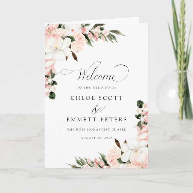 Rustic Boho Pink Floral Wedding Booklet Program (Front)
