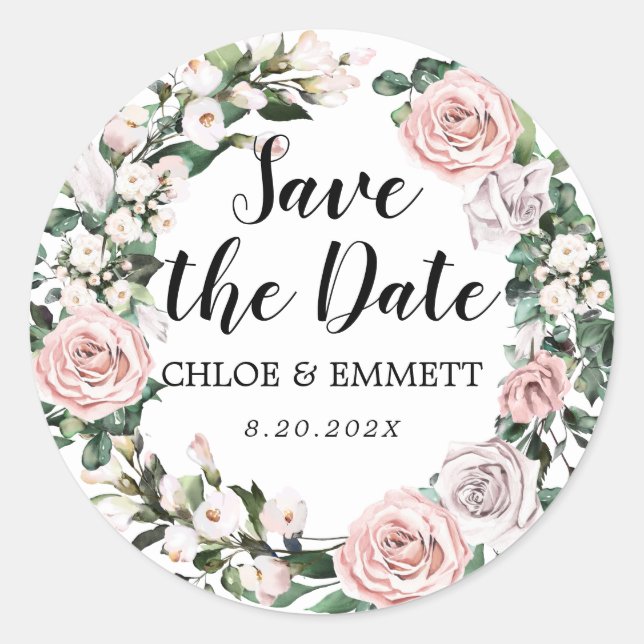 Rustic Boho Pink Floral Wedding Save the Date Classic Round Sticker (Front)